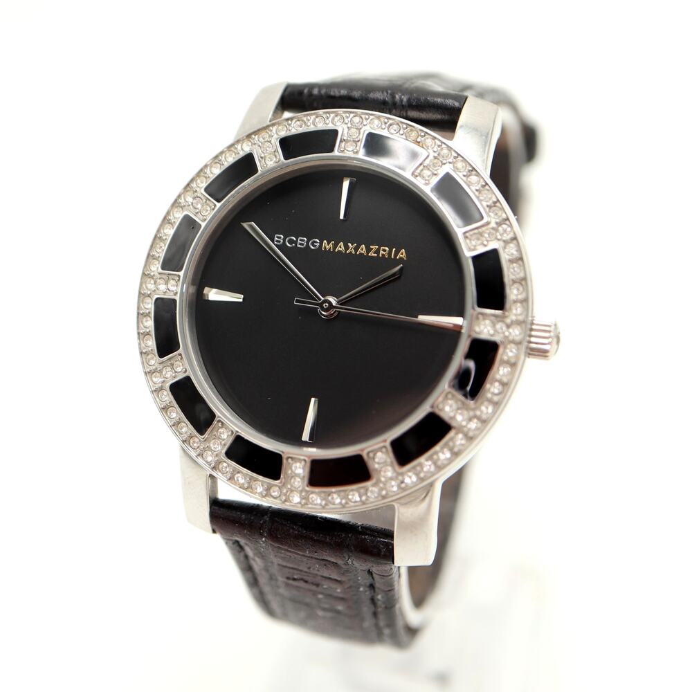 BCBG MAXAZRIA 38mm Black Watch Gem Glitz Bezel Black Leather with New Battery